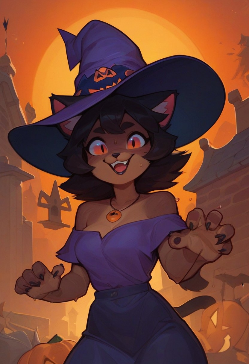 (score_9, score_8_up:1.1), score_7_up, 1girl, sexy girl, kawaii girl, cat furry anthro girl, temple, cat ear, cute, 2 ears, dark brown skin, black lips, black eyeline, short black hair, slim body, sweat, necklace, smile, opened mouth, witch skirt, witch hat, halloween village, orange sky, fireball on hand, cute