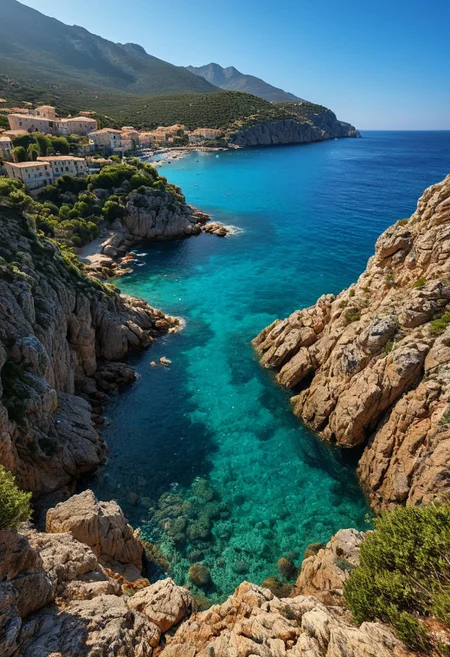 Realistic, photo of a A stunning view of a Mediterranean coastline with crystal-clear waters, rugged cliffs, and quaint seaside villages. In Corsica, coastal details, luminous water reflections.