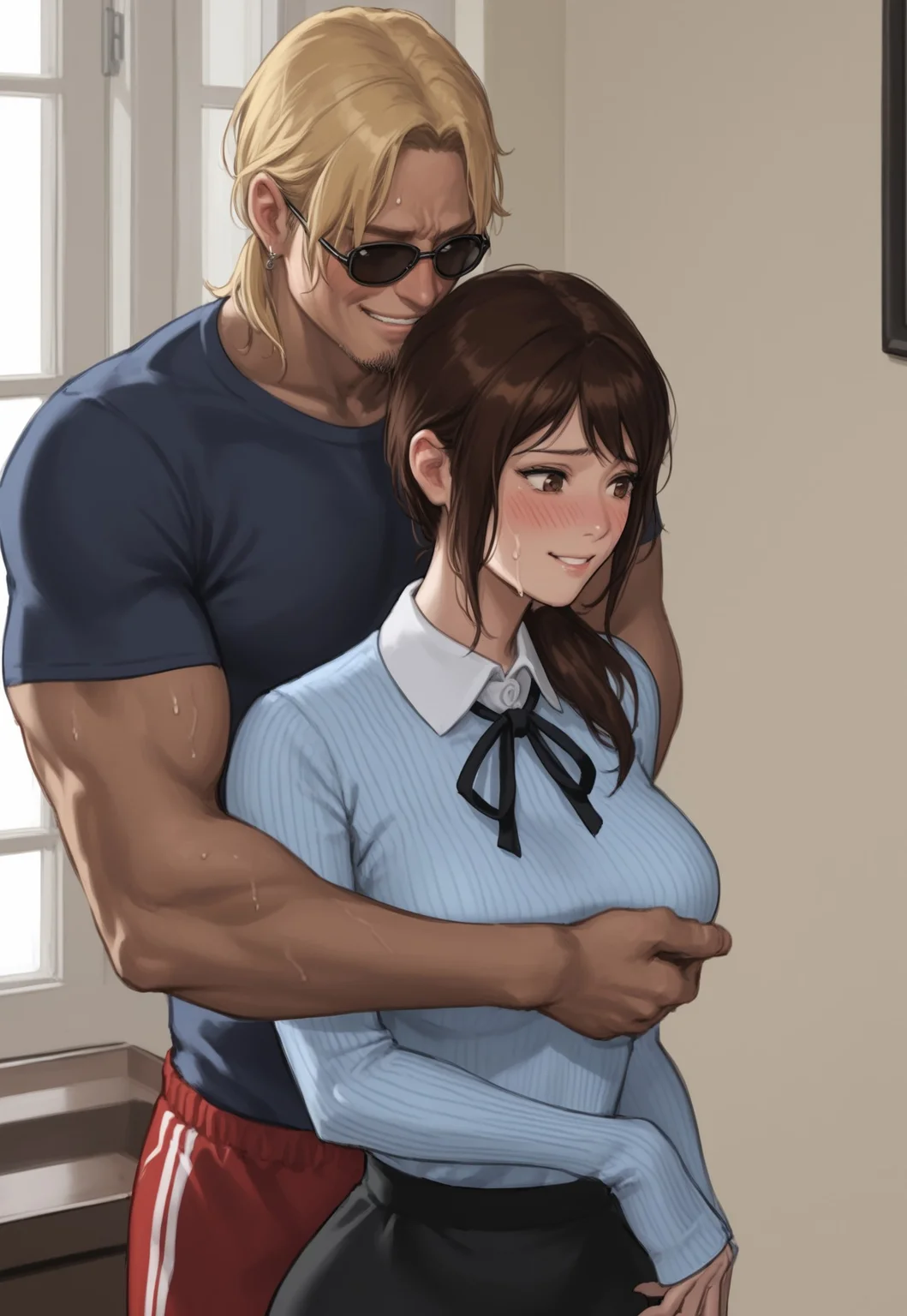 safe_pos, safe_pos, ((score_9), score_8_up, score_7_up), score_6_up, source_cartoon, aoj_sr, raw, realistic, cowboy portrait,
1girl, 1boy, hetero, milf, mature female, standing,
ntrlegend_couple,
BREAK,
1girl, ntrlegend_chick, cl4ssic_dr3ss, upper body focus, brown hair female, long black skirt, pale blue sweater, two-tone top, long sleeve, black neck ribbon, blue shirt, skinny female, messy low ponytail, brown eyes, embarrassed female, blushing, looking down and away, sweaty exhausted female orgasming female,
BREAK,
1boy, blonde male black t-shirt, red pants, sunglasses, muscular male, large male, standing in background, tan skin, goatee, leering male, big smile male, grinning male, grabbing female from behind, embracing female from behind, shoulder massage,