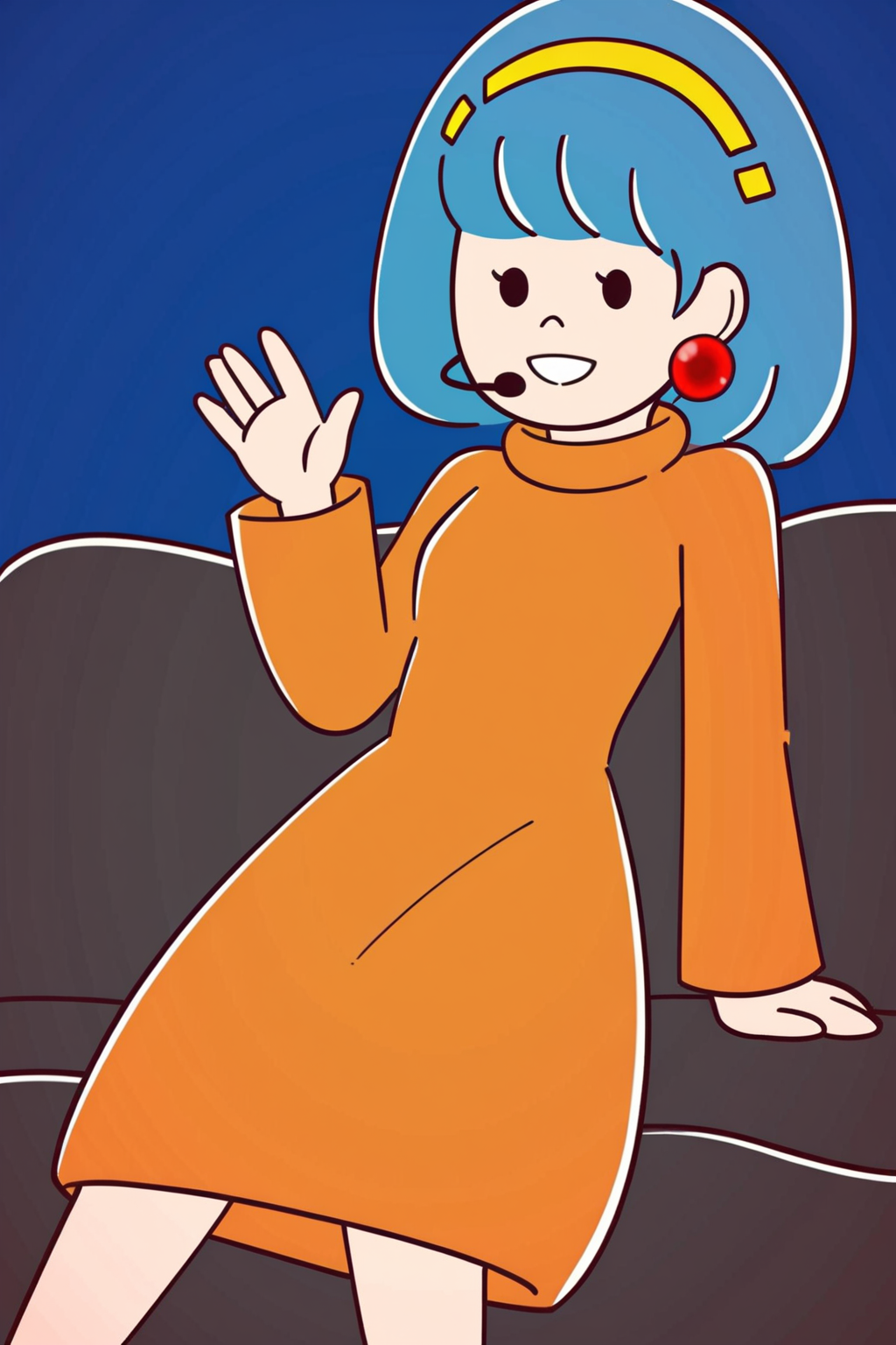 feminine, masterpiece, best quality, newest, absurdres, 1girl, amelia_n, red earrings, sitting, sofa, waving, orange sweater dress, yellow headband, black eyes, microphone headset,
BREAK
dynamic background, dark background,  <lora:Amelia_N_Pony:1>
