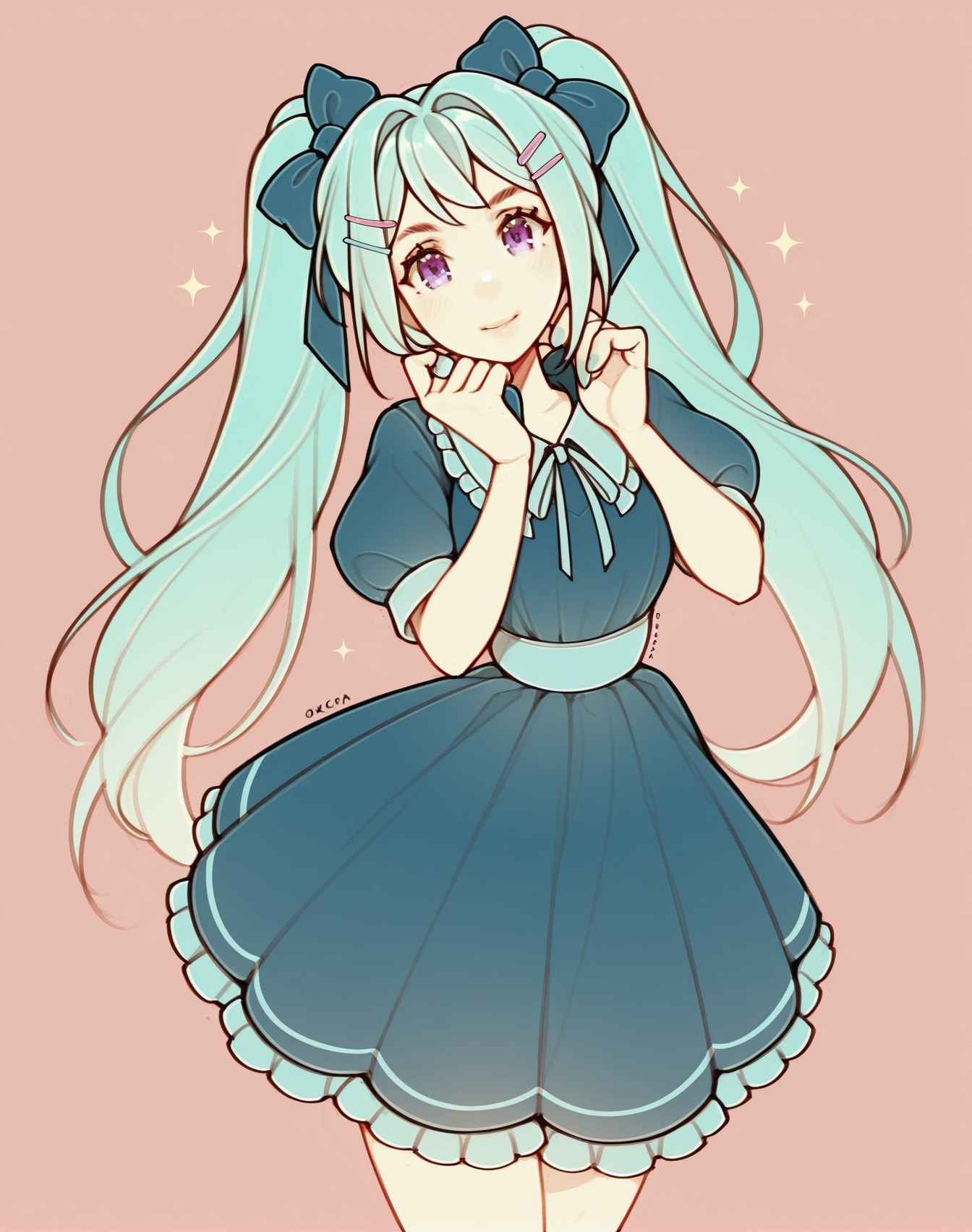 <lora:_oxcoxa_NAIXL-000015:1.1> art by oxcoxa, artist:oxcoxa, score_9, score_8_up, score_7_up, best quality, masterpiece, uncensored, A girl Hatsune Miku with long purple twintails hair and purple eyes wearing a blue dress with pink frills and blue ribbons. She is also wearing blue stars hair clips and has a blue bow on her head. The background is a starry night sky. Girl looking at viewer with purple eyes and her hands near her neck pulling down collar of her dress.