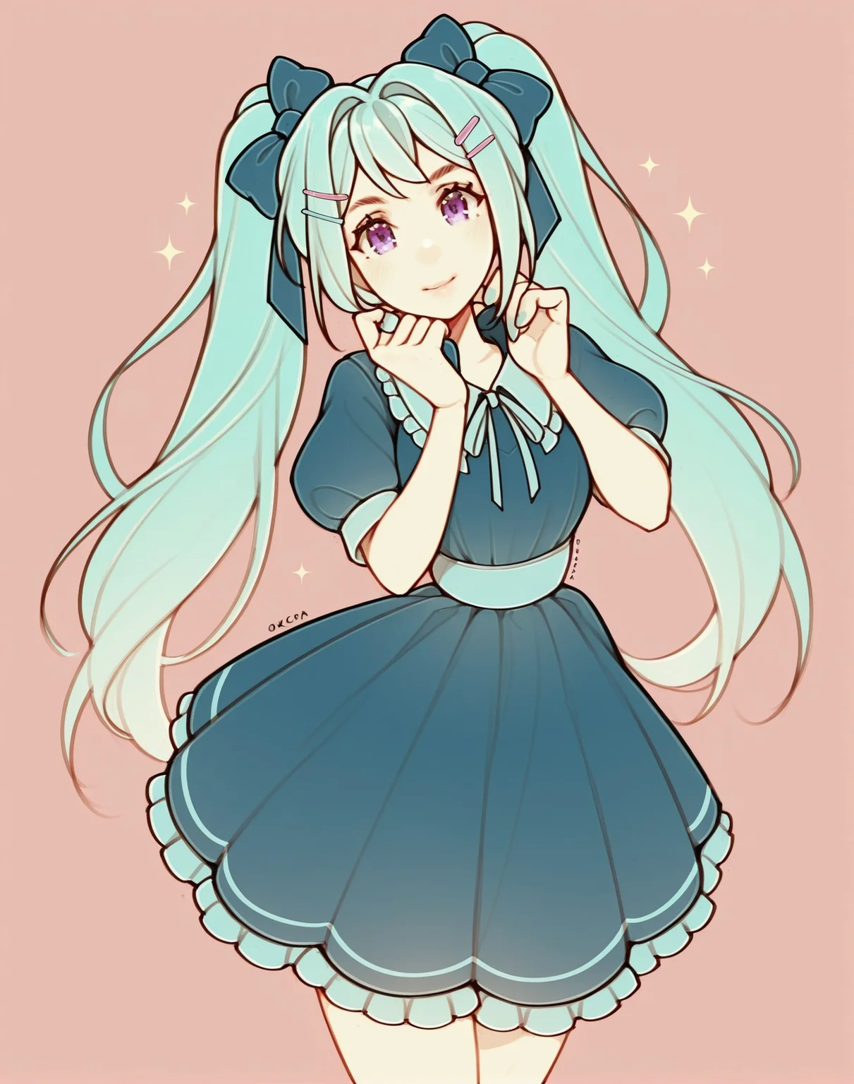 <lora:_oxcoxa_NAIXL-000015:1.1> art by oxcoxa, artist:oxcoxa, score_9, score_8_up, score_7_up, best quality, masterpiece, uncensored, A girl Hatsune Miku with long purple twintails hair and purple eyes wearing a blue dress with pink frills and blue ribbons. She is also wearing blue stars hair clips and has a blue bow on her head. The background is a starry night sky. Girl looking at viewer with purple eyes and her hands near her neck pulling down collar of her dress.