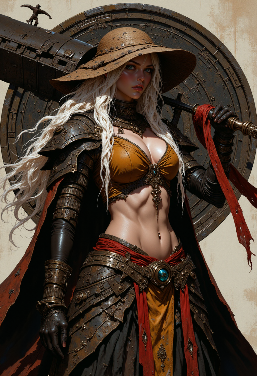 Highly detailed and dramatic digital artwork featuring a female character in a fantasy or steampunk style. The layout is a portrait orientation with the subject centered. The character has long, flowing white hair and fair skin, with striking blue eyes. She wears a brown, weathered hat and a matching cropped top, revealing her midriff. Her expression is determined, and she holds a large, mechanical weapon over her shoulder. Red ribbons are tied to her hat, flowing in the wind. The background is a muted, circular design, adding depth to the composition. <lora:FluxMythP0rtr4itStyle:0.6> <lora:flux.1_lora_flyway_Epic-Characters_v1:0.6> <lora:Elden_Ring_-_Yoshitaka_Amano:0.33>