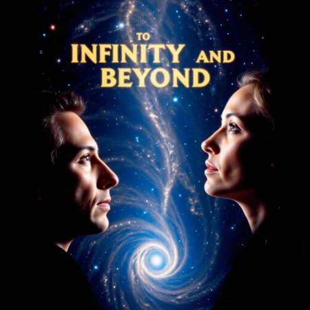 documentary film, text:"To Infinity and Beyond, random author title, vertical image of infinity with the cosmos in it, at left side is a close up face of man starring upwards in awe, on the right is a is a close up face of woman starring upwards in awe. their faces highlighted by the cosmos. james web space telescope, spiral galaxy's,