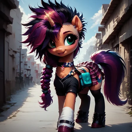 score_9, score_8_up, score_7_up, score_6_up, high resolution, hight detailed, high quality, intricate detail, detailed, (((feral pony))), solo, bitter, fluffy, fur, cute face, cute, wide hips, wide thighs, dark theme, full body, female pony, mare, ((sunny starscout)), ((punklight sprkle)), alicorn, wings, (short body), (long legs), (lanky), petite build, egirl, emo girl, ((black streak)), hair over one eye, thick mascara, choker, miniskirt, ((plaid skirt)), midriff, looking to the right, standing, Curvy figure, solo cityscape
