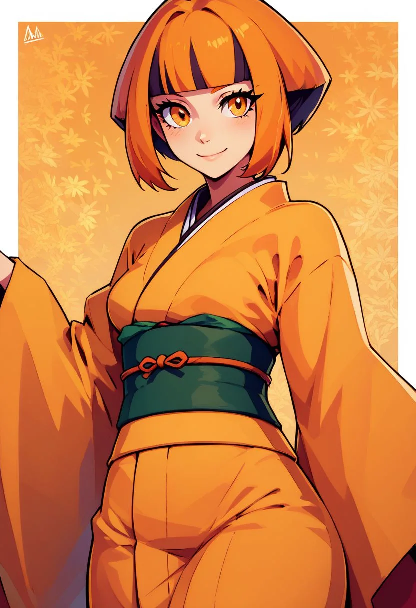 score_9, score_8_up, score_8, medium breasts, (curvy), cute, eyelashes,
BREAK,
zzGardenia, solo, breasts, looking at viewer, blush, smile, short hair, bangs, black hair, long sleeves, closed mouth, multicolored hair, cowboy shot, japanese clothes, alternate costume, wide sleeves, blunt bangs, kimono, orange hair, two-tone hair, orange eyes, sash, eyelashes, obi, border, white border, orange kimono,
BREAK,
smile, looking at viewer,
abstract background, zigzag pattern in background,
zPDXL,