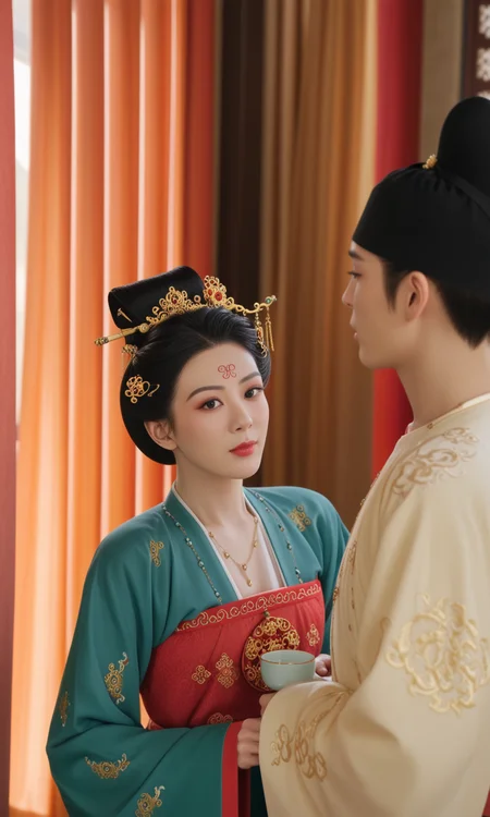 Top film composition, masterpiece, best quality, newest, absurdres, highres,
1girl and 1boy,
(1girl/gsfh, lyz, princess, hanfu, jewelry, necklace, black hair, hair ornament, chinese clothes, realistic, black eyes, forehead mark, facial mark, updo, cleavage, holding a pice of paper, single hair bun, scroll, paper),
(1boy/gsfh, lc, hanfu, round-collar robe, hat, black hair, ring, holding a cup),
jcy and hwf, jcy at left, hwf at right, talk, (maintained eye contact:1.2), indoors, curtains,
masterpiece, best quality, amazing quality, very aesthetic, absurdres, newest, haute couture,
light from one side, dark shadow,