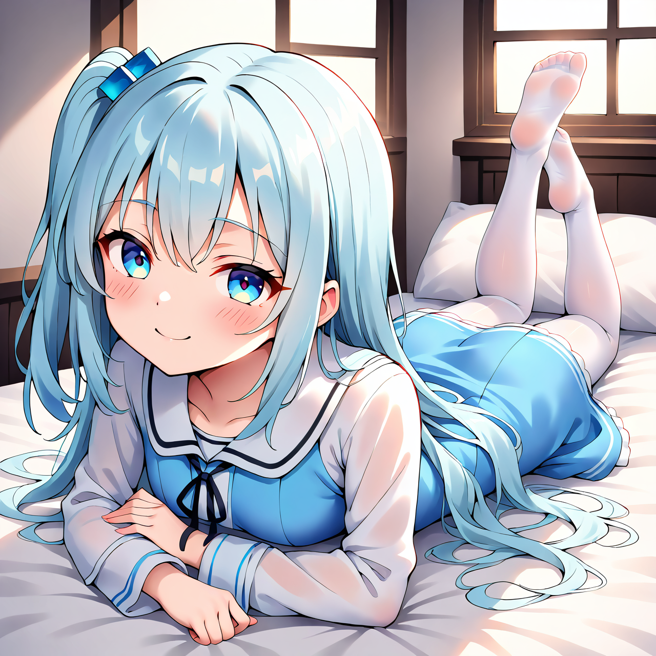 girl,dress,pantyhose,blue dress,white legwear,light blue hair,closed mouth,blush,foot up,foreshortening,full body,looking at viewer,on bed,on stomach,one side up,sitting,smile,window,hair ornament,solo,<lora:feet v3:1>,<lora:hands5g:1>,<lora:1280XWindows11å¥³å­©noobXL-000016:0.6>,, masterpiece, best quality,