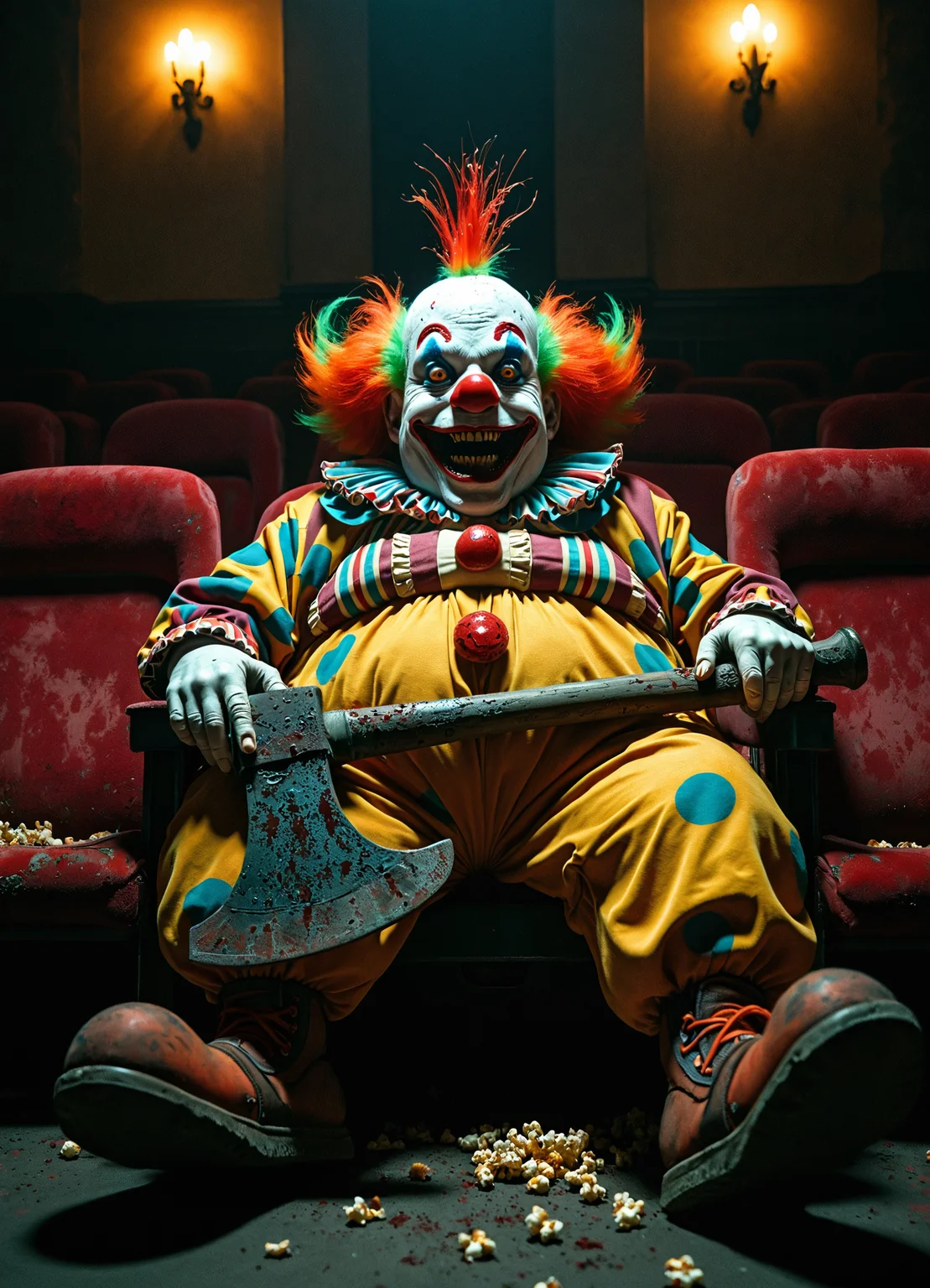 Unsettling close-up of an obese, grotesque clown squeezed into a movie theater seat. Wearing a garish, undersized clown suit straining at the seams, buttons ready to pop. Pale, sweaty face with smeared makeup, red nose askew, and a sinister grin revealing yellowed teeth. Wild, unkempt rainbow wig contrasting with the dark, oppressive atmosphere. Clutching a massive, bloodstained ax across its lap, incongruously large for the confined space. Eyes gleam with malevolent glee, fixed on an unseen screen casting flickering, eerie light. Surrounding seats are empty, torn and stained. Discarded popcorn and candy wrappers litter the floor. Wall sconces emit a sickly, dim glow, casting long shadows. The air seems thick with tension and the faint scent of decay. Hyper-detailed textures emphasize the clown's bulging flesh, the ax's rusty surface, and the worn velvet of the theater seats. Color palette dominated by deep shadows, sickly yellows, and muted, blood-like reds, creating a suffocating atmosphere of dread and madness.