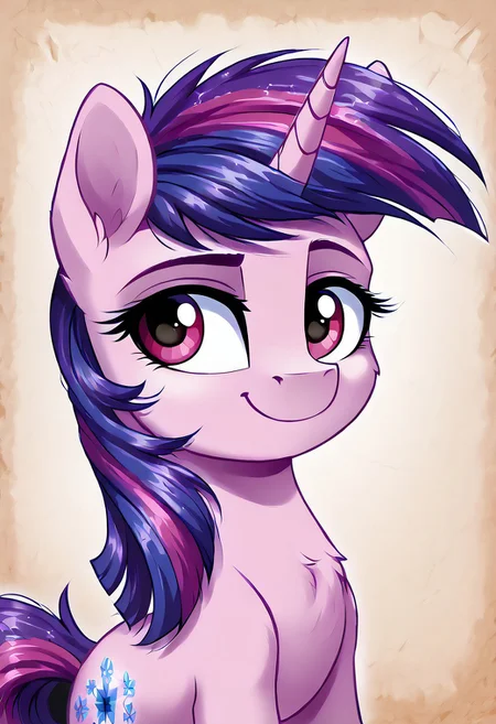 masterpiece, score_9_up, score_8_up, score_7_up, score_6_up, (best quality:1.1), ultra-detailed, high resolution, 1character, Pony, pony Equestria, unicorn, mlp, woman, feral, pink skin, The heart's cutie mark, purple tail, purple mane, long eyelashes, single horn, ears, closed mouth, detailed facial features, expressiveh, Equestria background, highly visible, sharp focus, anatomically correct, Equestria at War, Portrait of the leader, looking at the camera, smile