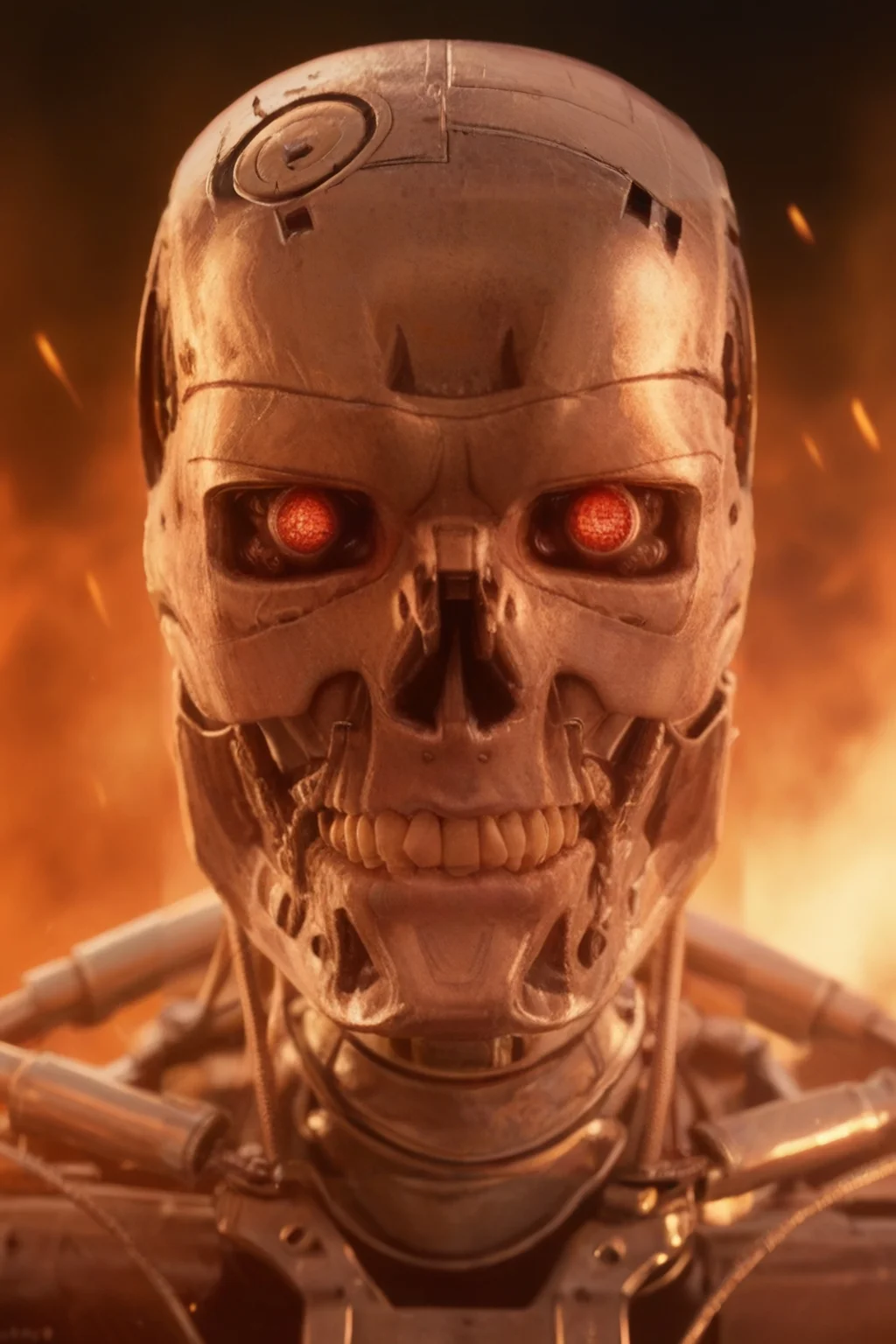 T800_Endo, Terminator robot, score_9, score_8_up, score_7_up, (source_IRL, source_movie), cinematic, realistic, masterpiece, high quality, highres RAW photo, ((close-up shot, close-up head shot, front view))
a T800_Endo Terminator Robot with red eyes, he is made of metal, he is made of shiny chrome metal, new, clean, <lora:T800_Endo_Terminator_Pony_v1-000013:1>
(standing in flames)
black background, in flames, fire, flames and fire everywhere, there is so much fire
dynamic lighting, highly detailed, intricate details