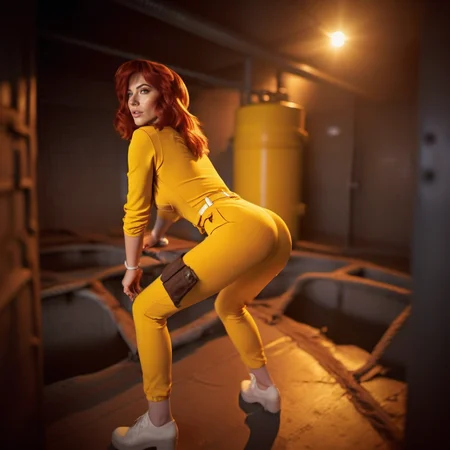 cinematic photo a realistic woman in yellow jumpsuit in the sewers<lora:April1024:0.8> . 35mm photograph, film, bokeh, professional, 4k, highly detailed