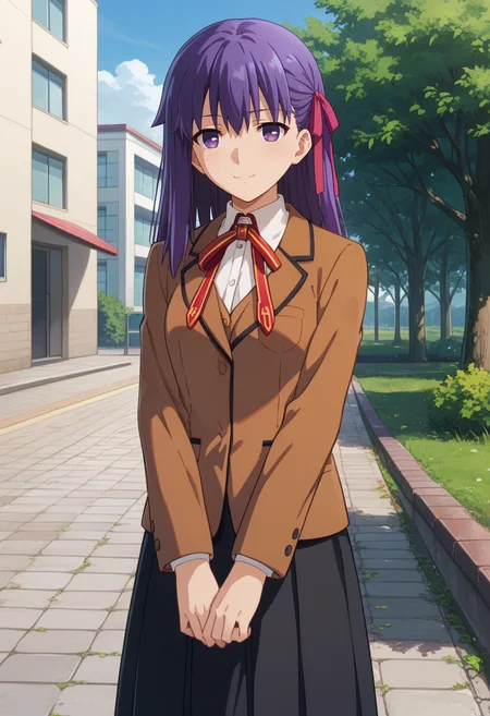 score_9,
<lora:FateStayNight_MatouSakuraXL:0.9>, MatouSakura,
1girl, solo, closed mouth, light smile,
purple hair, long hair, purple eyes, hair ribbon, pink ribbon,
SakuraSchool, blazer, brown jacket, white shirt, neck ribbon, red ribbon, black skirt,
standing, looking at viewer,
outdoors, school