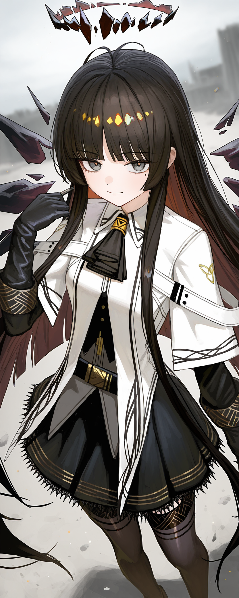 1girl, virtuosa \(arknights\), reoen, paindude, shion \(mirudakemann\), lack, sketch, oekaki, marker \(medium\), from above, belt buckle, black ascot, black belt, black gloves, black hair, black halo, black skirt, blunt bangs, broken halo, brown hair, bustier, closed mouth, collared jacket, colored inner hair, dark halo, floating hair, grey eyes, grey shirt, hand up, hime cut, layered sleeves, looking at viewer, miniskirt, mole under eye, multicolored hair, outdoors, overcast, pleated skirt, short-sleeved jacket, short over long sleeve, sidelocks, solo, very long hair, white jacket, wing collar, dust particles, dark, black theme, dutch angle, film grain, ruins, black birds, cinematic, depth of field, blurry background, masterpiece, best quality, good quality, newest, highres, absurdres
