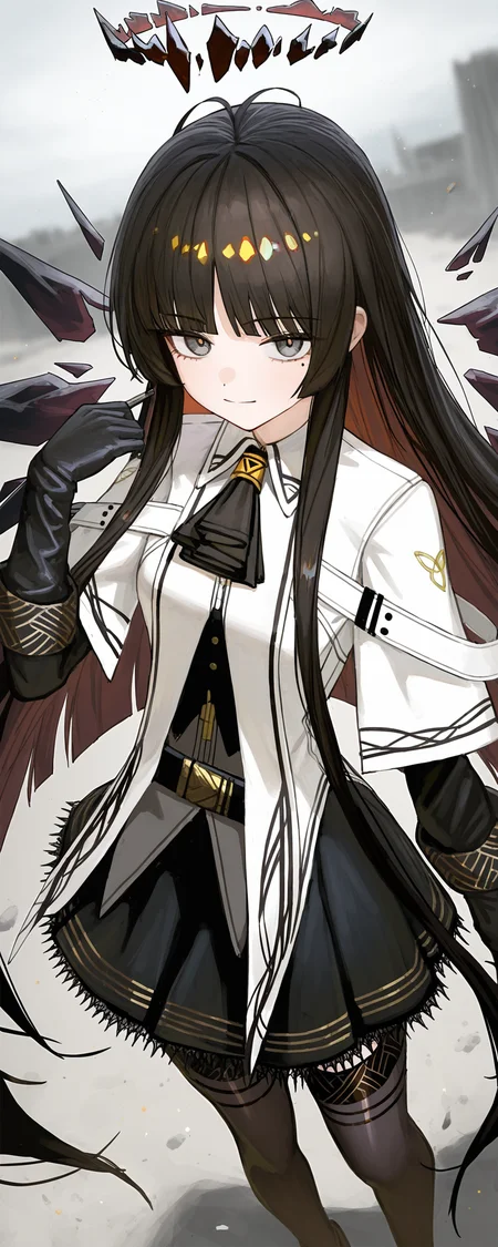 1girl, virtuosa \(arknights\), reoen, paindude, shion \(mirudakemann\), lack, sketch, oekaki, marker \(medium\), from above, belt buckle, black ascot, black belt, black gloves, black hair, black halo, black skirt, blunt bangs, broken halo, brown hair, bustier, closed mouth, collared jacket, colored inner hair, dark halo, floating hair, grey eyes, grey shirt, hand up, hime cut, layered sleeves, looking at viewer, miniskirt, mole under eye, multicolored hair, outdoors, overcast, pleated skirt, short-sleeved jacket, short over long sleeve, sidelocks, solo, very long hair, white jacket, wing collar, dust particles, dark, black theme, dutch angle, film grain, ruins, black birds, cinematic, depth of field, blurry background, masterpiece, best quality, good quality, newest, highres, absurdres