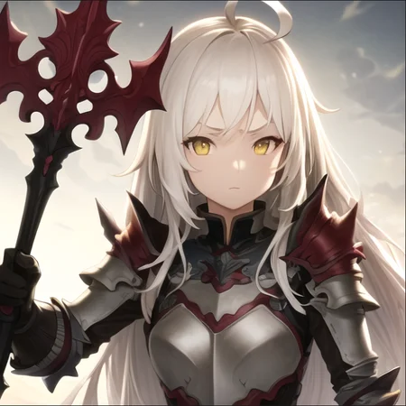 beautiful, masterpiece, best quality, extremely detailed face, perfect lighting, 1girl, solo, <lora:Houtengeki:0.9>, armor, closed mouth, yellow eyes, very long hair, spiky hair, ahoge, messy hair, holding, holding weapon, staff