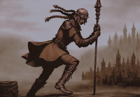 score_9, score_8_up, score_7_up, score_6_up, masterpiece, best quality, very aesthetic, 1girl, solo, from side, helmet, brown hair, braids, yellow eyes, blue brigandine, belt, leather gloves, padded leggings, boots, polearm, scabbard BREAK medieval courtyard background, dynamic color, dynamic attack pose, dynamic background, warm tone, vermis style