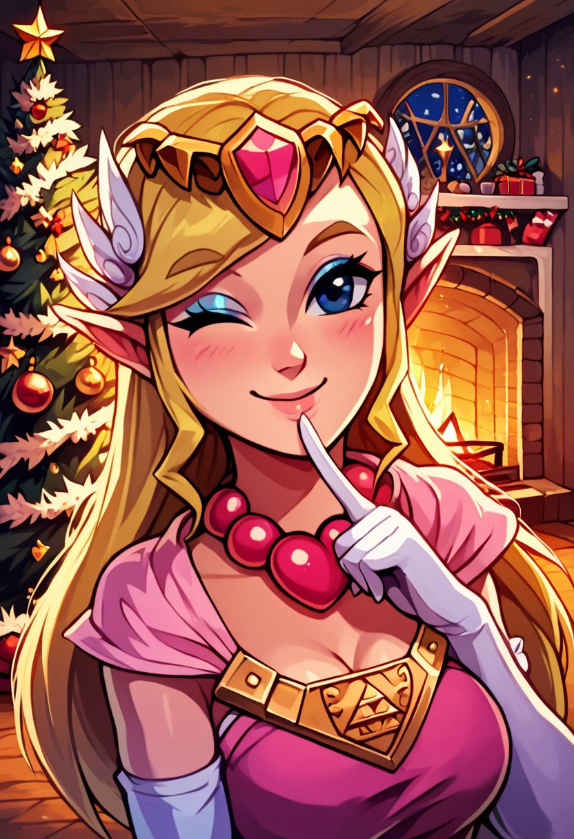 score_9, score_8_up, score_8, medium breasts, (curvy), cute, eyelashes, zzToonZelda, looking at viewer, smile, glovesdress, jewelry, upper body, heart, one eye closed, elbow gloves, white gloves, necklace, makeup, tiara, pink dress, eyeshadow, ;), best quality, bead necklace, gold necklace, finger to mouth, 
chrlib, scenery, indoors, living room, night, oven, christmas tree, christmas ornaments,