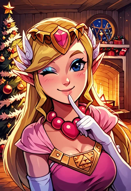 score_9, score_8_up, score_8, medium breasts, (curvy), cute, eyelashes, zzToonZelda, looking at viewer, smile, glovesdress, jewelry, upper body, heart, one eye closed, elbow gloves, white gloves, necklace, makeup, tiara, pink dress, eyeshadow, ;), best quality, bead necklace, gold necklace, finger to mouth, 
chrlib, scenery, indoors, living room, night, oven, christmas tree, christmas ornaments,