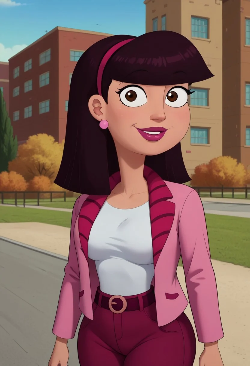 ((bedroom background)),score_9, score_8_up, score_7_up,score_6_up, source_cartoon
1girl, Solo, AmandaL_MM, olive skin, dark brown eyes, deep burgundy hair, straight hair, shoulder-length hair, straight fringe, magenta headband, deep pink lips, light pink small spherical earrings, bright pink cardigan, white crop top, magenta pants, belt with a light pink circular bucklee, bright pink flats, big eyes, big breasts, social smile, narrow waist, huge hips, huge thighs, big ass, big eyes, perfect lips, open eyes, perfect smile, cowboyshot, perfect eyes, perfect face, medium stature, looking at viewer,