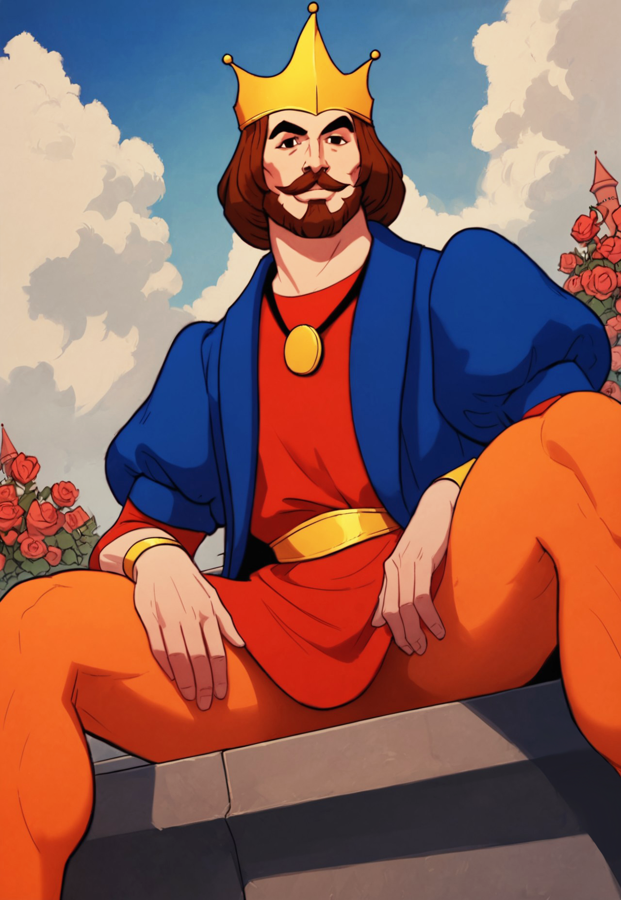 score_9, score_8_up, KingRandor, brown hair, medium hair, black eyes, facial hair, mustache, gold crown, blue coat, puffy sleeves, red tunic, medallion, looking at viewer, smile, dynamic pose, detailed background, dutch angle, palace garden, flowers, blue sky, clouds, sitting on a bench, cowboy shot, spread legs, wristbands, gold belt, side view, muscular, orange leggings, below view,