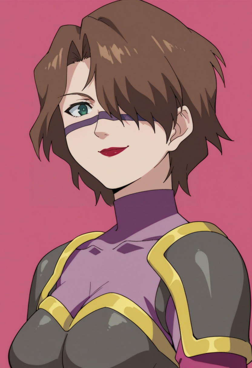 score_9,score_8_up,score_7_up,score_6_up,score_5_up,score_4_up,anime coloring BREAK source_anime,anime,<lora:Viola_Zoids_Pony:0.7>,zviora,1girl,solo,green eyes,brown hair,short hair,hair over one eye,facial mark,lipstick,purple bodysuit,pink sleeves,armor,shoulder pads,smile,(multicolored background:1.4),portrait,upper body,looking at viewer,