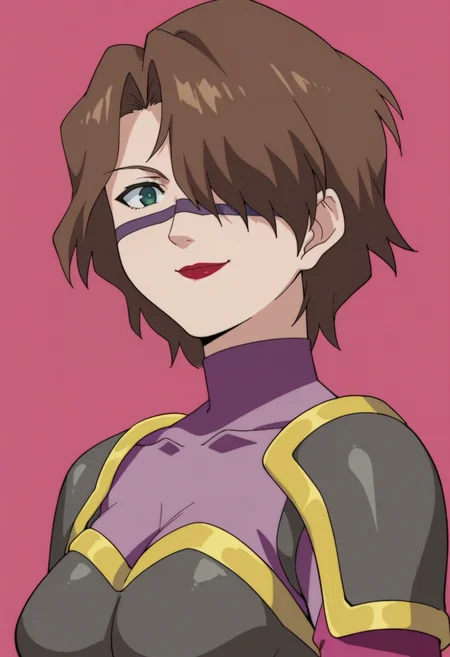 score_9,score_8_up,score_7_up,score_6_up,score_5_up,score_4_up,anime coloring BREAK source_anime,anime,<lora:Viola_Zoids_Pony:0.7>,zviora,1girl,solo,green eyes,brown hair,short hair,hair over one eye,facial mark,lipstick,purple bodysuit,pink sleeves,armor,shoulder pads,smile,(multicolored background:1.4),portrait,upper body,looking at viewer,