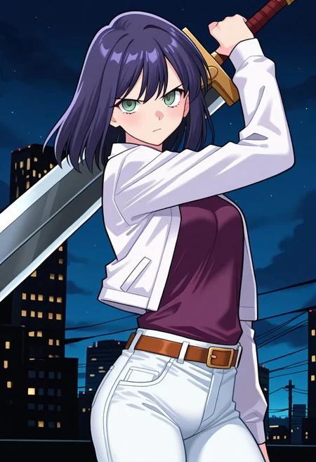score_9, score_8_up, score_7_up, amazing quality, masterpiece,best quality,newest,absurdres,highres, 1girl, adult, medium hair, (indigo hair), grey eyes, serious expression, purple shirt, white jeans, white crop jacket, Double belt, dual-wield (sword, knife), r4t4_illu, dark city background, night sky
