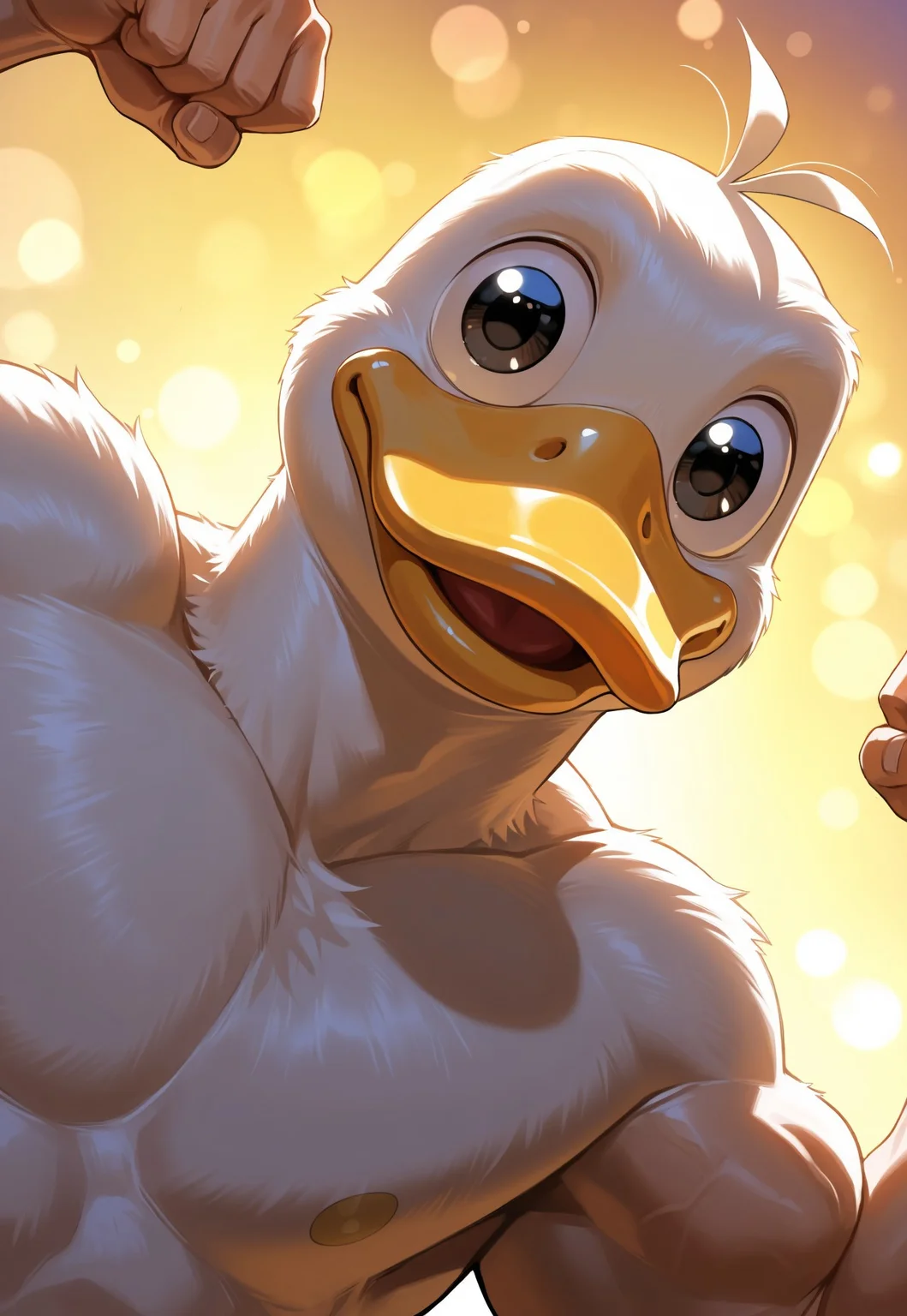 masterpiece, high quality, best quality, very aesthetic, absurdres, extremely detailed, realistic, volumetric lighting, (male focus, gay, male only), dynamic pose, dynamic angle,, 1boy, solo, duckboy, thick bill, portrait, shallow depth of field, bokeh, dutch angle, close-up, looking sideway, huge eyes, ahoge, googly eyes, funny, flexing biceps, muscular duck
