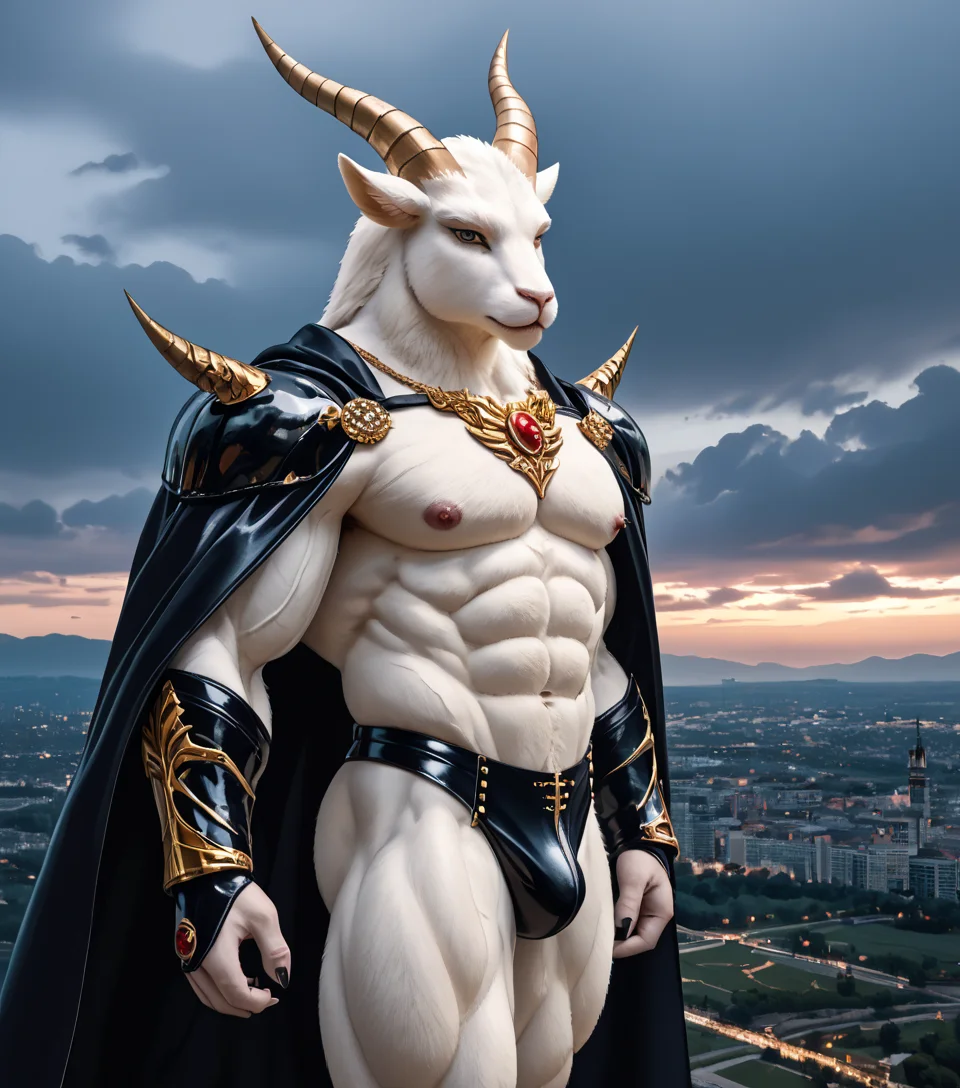 masterpiece, best quality, newest, absurdres, highres, furry, perfect anatomy,
8K, In'ei, chiaroscuro, absurd details, masterclass screenshot, subsurface reflections, subsurface light, subsurface light scattering, ambient lighting, atmospheric effects, deep dark shadows,
<lora:Goat_(Pony)_(AD):1> goat, muscular,
soft detailed anime background, exterior, scenery, midnight, dark night, evil corrupt landscape and city,
dutch angle, perfect proportions, leather armored, warrior, leather gloves with intricate designs, voluminous silk cape with intricate designs, supervillain briefs, bare thighs, biceps, shoulders, fantasy armor, end boss, opulent, decadent, goat headed, colored furry body, manly bulge, Satanic, Satanic colors, side view, cowboy shot, regal elegant look, desirable and frightening to look at,
impressive physique, peak physical condition, large shoulders, large biceps, wide thick upper body, thick thighs, thick legs, thick arms, large thick wide rounded pecs, abs,
EZRealPONYXL, zPDXL, zPDXLxxx,