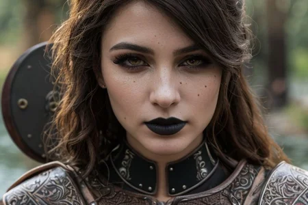 masterpiece, best quality, (colorful), cinematic lighting,  realistic, battlefield besides the dark waters of a misty fjord, beautiful valkiria, wavy dark hair, plate armor, ornate carapace, long sword, wooden shield, 
dynamic pose, extremely detailed, beautiful detailed face, medium breasts, braless, no bra, cleavage, nipslip, at dusk, slanted sunrays, pale skin, detailed skin, dark makeup, black mascara, black lipstick, EyeDetail, perfect detailed eyes, long eyelashes, black eyeliner, kawaii makeup , subsurface scattering, remarkable color, ultra realistic, textured skin, remarkable detailed pupils, realistic dull skin noise, visible skin detail, skin fuzz, dry skin, bokeh, sharp focus on subject,