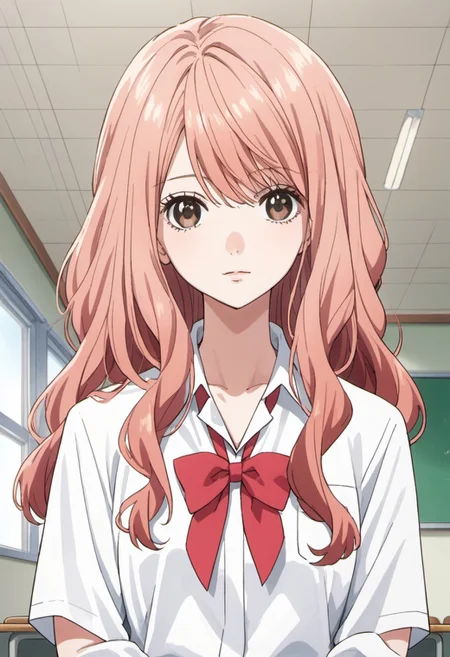 score_9, score_8_up, score_7_up, source_anime, igarashi iroha, light pink hair, long hair, brown eyes, 1girl, solo, school uniform, bow, shirt, looking at viewer, white shirt, indoors