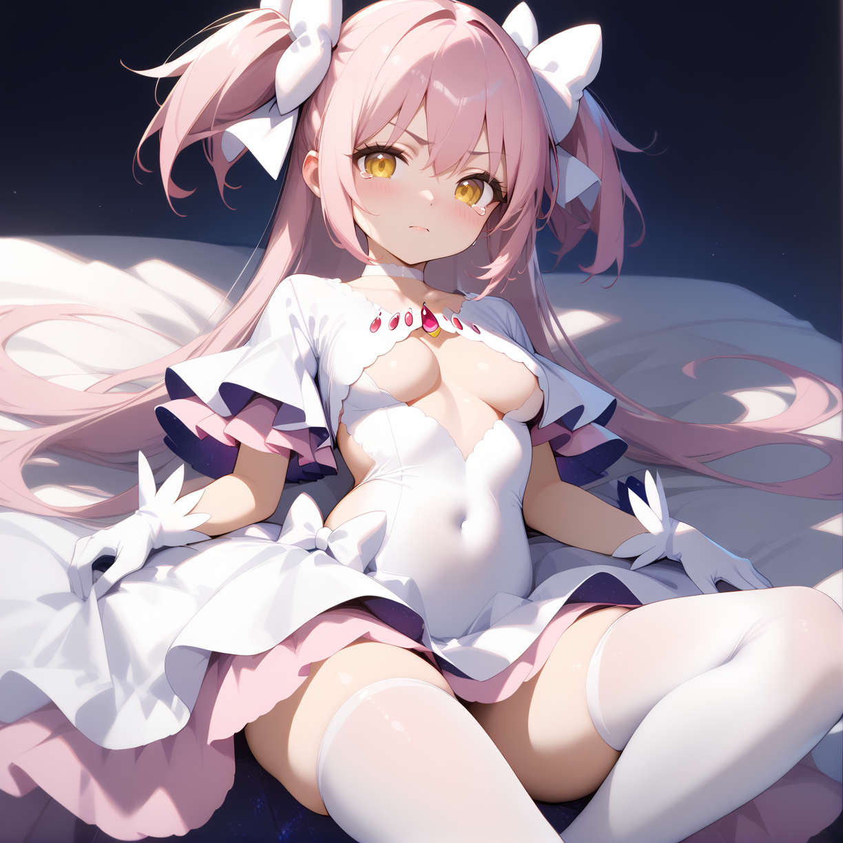 (score_9,score_8_up,score_7_up) BREAK uncensored BREAK 1girl,solo,(medium breasts:1.4),
disgust,scowl,closed mouth,tears,eye contact,looking_at_viewer,
BREAK
BREAK (foot_focus:1.3),
BREAK
BREAK
BREAK
BREAK
BREAK
BREAK <lora:madoka_god:1>,
(ultimate madoka,kaname madoka,long hair,pink hair,very long hair,bangs,hair between eyes,two side up,white bow,yellow eyes),(choker,white choker,gloves,white gloves,underboob,underwear,clothing cutout,cleavage cutout,covered navel,wide sleeves,frills,dress,white dress,frilled dress),(thighhighs,white thighhighs),