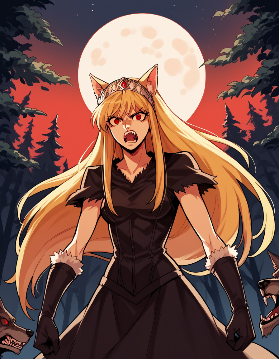score_9, score_8_up, score_7_up, source_anime, <lora:kaibutsuoujo-liliane-s1-ponyxl-lora-nochekaiser:1>, liliane, long hair, blonde hair, red eyes, very long hair, tiara, medium breasts,, <lora:werewolf-ponyxl-lora-nochekaiser:1>, werewolf, furry, fangs, animal ears, gloves, angry, teeth, animal ear fluff,, forest, night, moon, open mouth, , dutch angle, cowboy shot