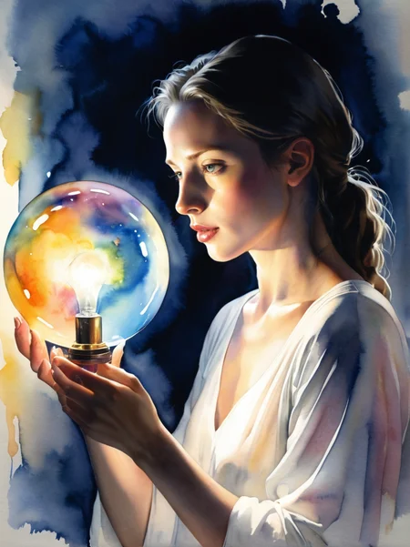 Lumina: A being made of pure light who illuminates truth. Lumina can dispel illusions and make the hidden visible, sometimes revealing secrets people would rather keep hidden.
,Soft Fill Lighting
,watercolors