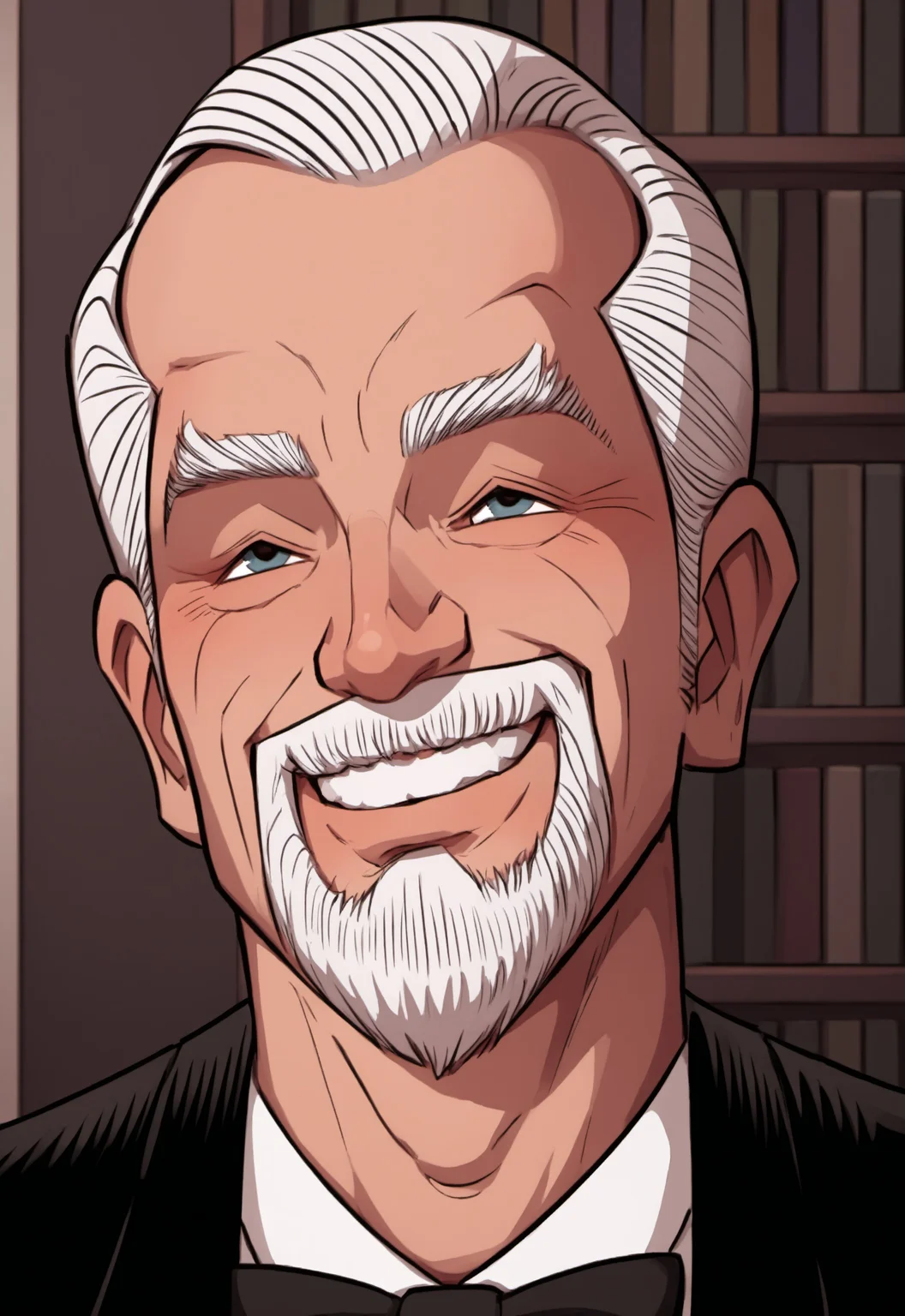 safe_pos, safe_pos, score_9, score_8_up, score_7_up, rating_nsfw, ultra hd, absurdres, masterpiece, best quality, best aesthetic, solo, 1boy, male focus, erotic, mature male, Expressiveh, wolfconf,
JabMrSmithson, old man, facial hair, beard, white hair, formal, bow, bowtie, comic art style, smiling, zoomed in, (portrait), (headshot)