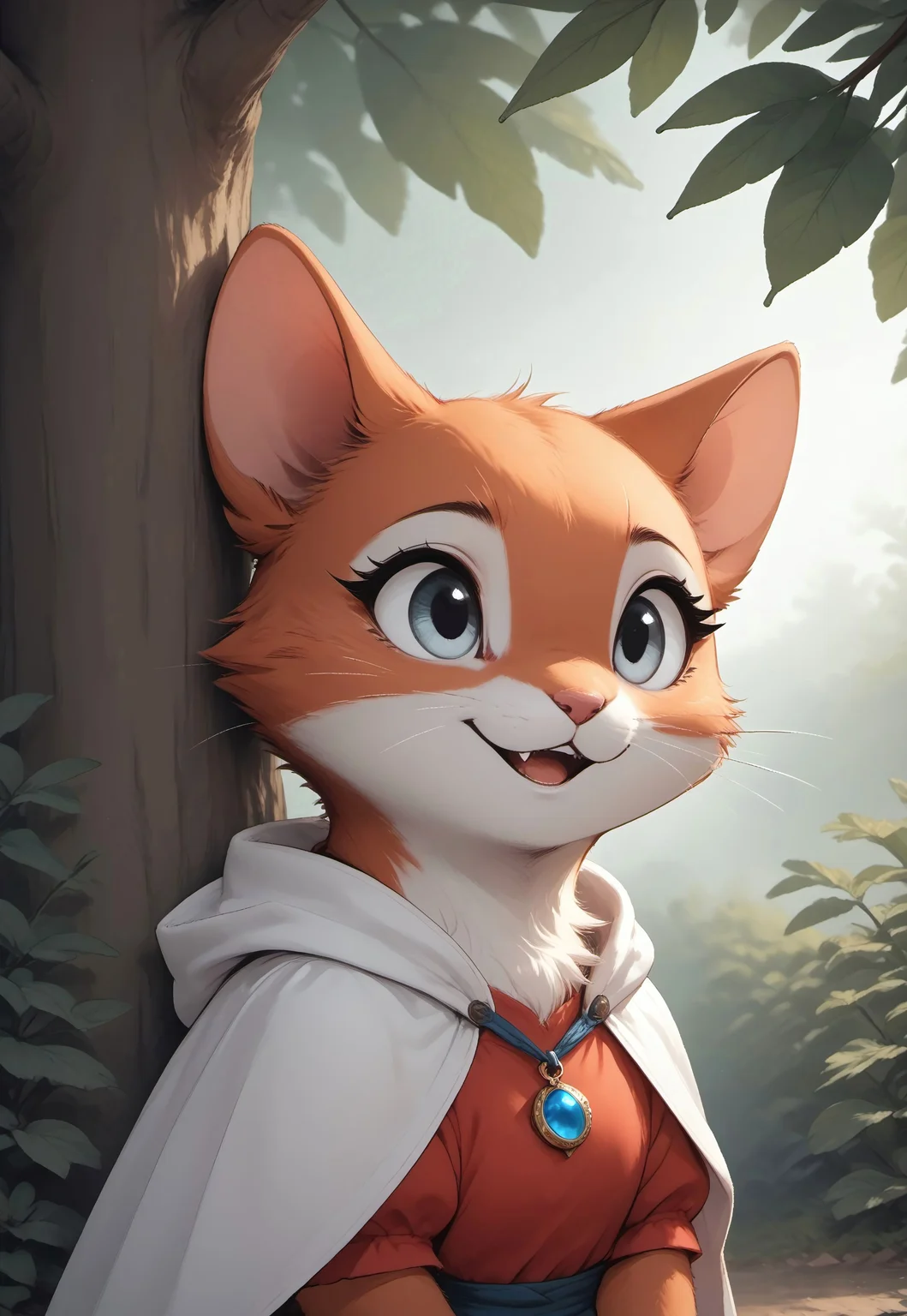 score_9, score_8_up, score_7_up, score_6_up, score_5_up, score_4_up, ITMStyle, female, (((cat))), (feral:1.3), (cute:1.2), (gray eyes), (orange fur:1.2), outdoors, sun, daylight, (side view), (upper body shot), (red tunic, white hooded cape, white sash, blue amulet), against tree, under tree, sitting, looking away, smile, (open mouth, crossed arms)