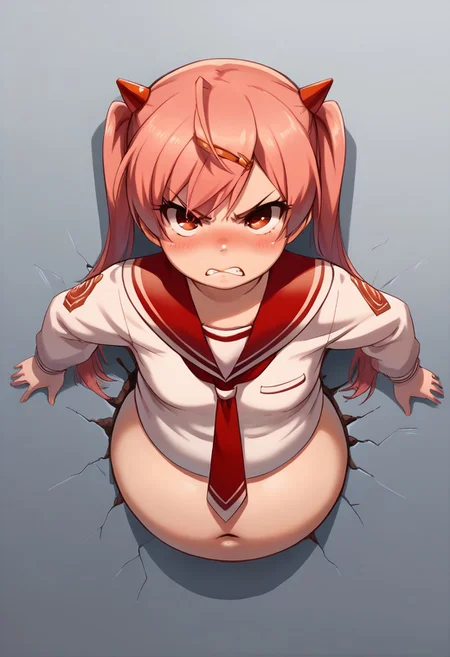 score_9, score_8_up, score_7_up, 1girl, solo, small breasts ,1girl, source_anime, ariakanzaki, pink hair, serafuku, sailor collar, red necktie, loocking at viewer, alone, fat, plump, saggy belly, fat belly, angry, blush, crack in the wall, stuck in a crack in the wall, through the wall, from front, rests his hands on the wall
