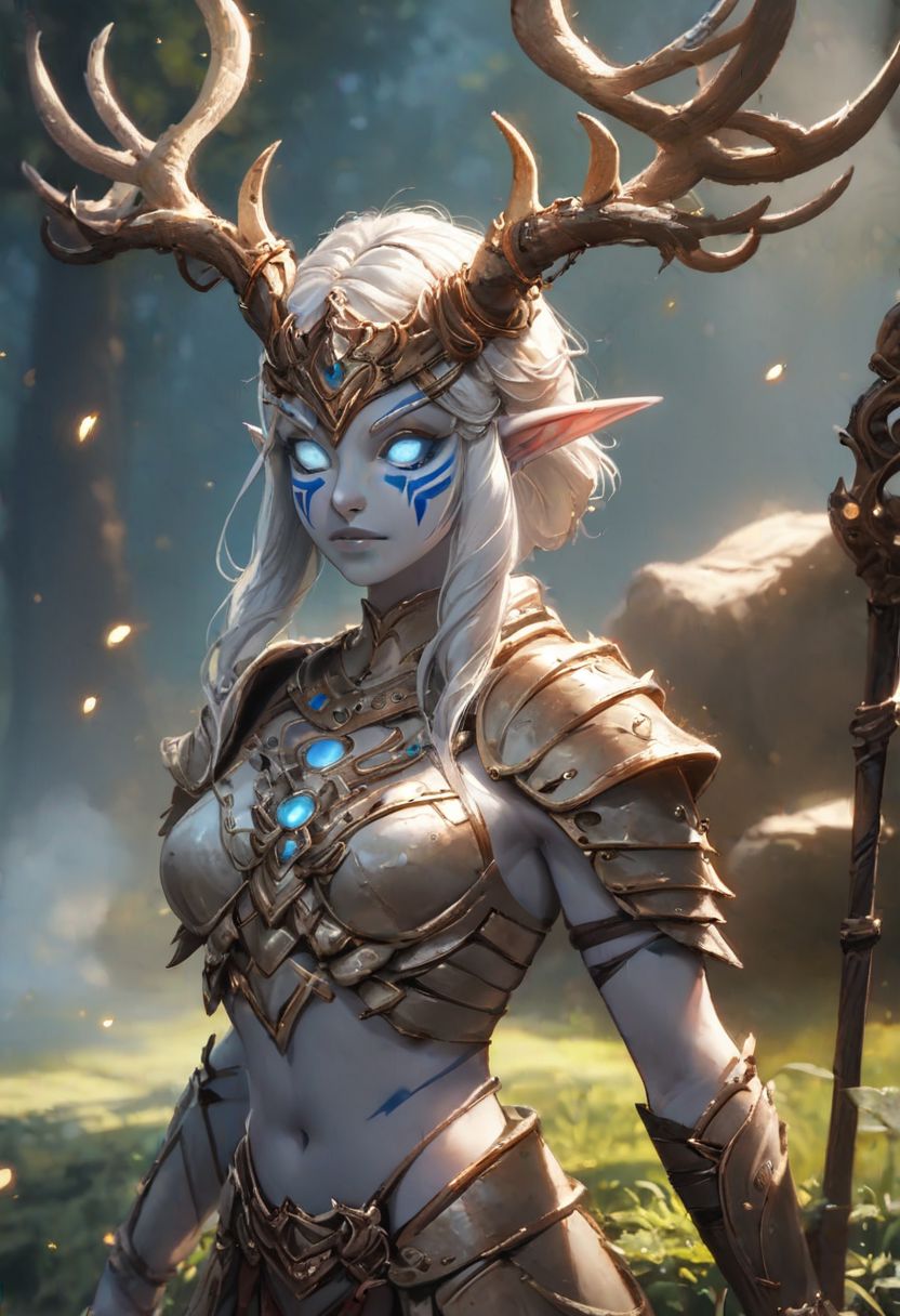 score_9,score_8_up,score_7_up, source_anime, 1girl, nightelf, long white hair, pale skin, white necromancer, casting spell, antlers helmet, white armor, fantasy, fantasy armor, wooden shield, wooden staff, war face paint, wooden jewellery, very aesthetic, gorgeous, cute, smooth, beautiful face, tribal tattoos, beautiful ultra detailed eyes, detailed face, intricate details, naturalism, hyperdetailed, hyperrealistic, intricated, extremely detailed, RPG, hyperdetailed, horns, claws, epic pose, wind swept, dark forest, grass, mossy rocks, Masterpiece, cetral composition, glowing lichen, backlit glow, glowing dust particles, bokeh, lumen light, low light, night, fog, moonlight, light rays, bloom, negative_hand, neolight, OverallDetail, concept art, realistic, leraie