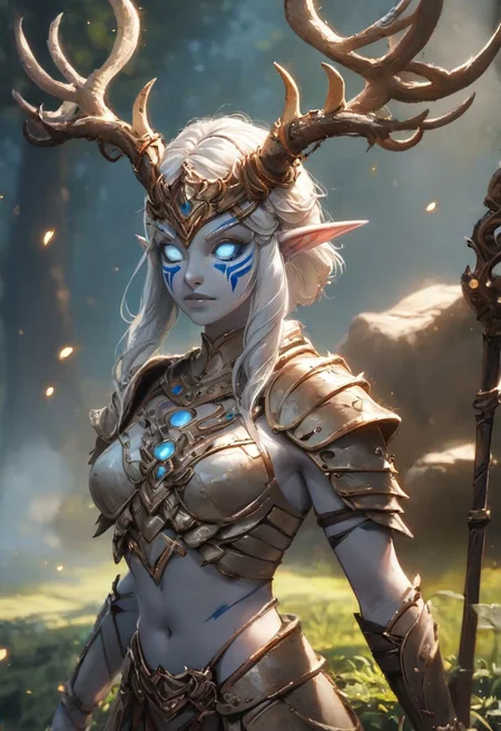 score_9,score_8_up,score_7_up, source_anime, 1girl, nightelf, long white hair, pale skin, white necromancer, casting spell, antlers helmet, white armor, fantasy, fantasy armor, wooden shield, wooden staff, war face paint, wooden jewellery, very aesthetic, gorgeous, cute, smooth, beautiful face, tribal tattoos, beautiful ultra detailed eyes, detailed face, intricate details, naturalism, hyperdetailed, hyperrealistic, intricated, extremely detailed, RPG, hyperdetailed, horns, claws, epic pose, wind swept, dark forest, grass, mossy rocks, Masterpiece, cetral composition, glowing lichen, backlit glow, glowing dust particles, bokeh, lumen light, low light, night, fog, moonlight, light rays, bloom, negative_hand, neolight, OverallDetail, concept art, realistic, leraie