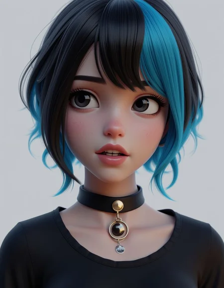3d render of a girl, alone, multicolored hair, blue hair, black hair, necklace, freckles, jewelry, two-tone hair, looking to the side, realistic, upper body, simple background, bangs, looking away, short hair , parted lips, black eyes, lips, gothic, choker, makeup, mole, black shirt, shirt,