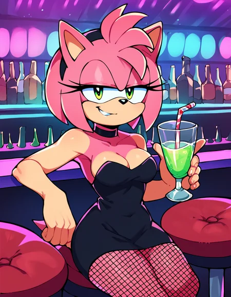 score_9, score_8_up, 1girl, indoors, amy rose, black dress, tube dress, solo, short dress, sleeveless, strapless, medium breasts, black choker, nightclub, fishnet stockings, sitting, at bar, holding drink, looking at viewer, smirk, smug <lora:AmySDXL:1>