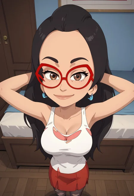 ((room background)),score_9, score_8_up, score_7_up,score_6_up, (detailed face and eyes:1)
1girl, solo, AliWong_BM, beige skin, brown eyes, black eyebrows, voluminous straight hair, black hair, long hair, large red glasses, sky blue earrings, white tank top, under light red top, red skirt, ripped dark grey tights, black socks, red high top sneakers, big eyes, cute, medium height, social smile, perfect eyes, perfect smile, looking at the viewer, detailed eyes, perfect eyes, standing, big breasts (front pose, front view, full body shot, high angle view:1) five fingers, perfect hands, (hands behind head)