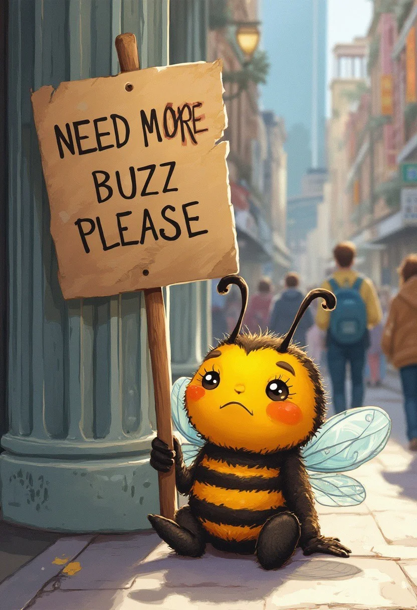 An adorable illustration of a bumblebee sitting against on the sidewalk holding up a sign saying "NEED MORE BUZZ PLEASE". The bumblebee is in rough shape and looks exhausted. The scene is of a busy downtown with people walking past.