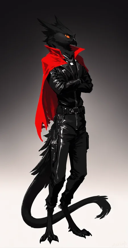 score_9, score_8_up, detailed, sketch, black background,
anthro male avian shdw, crossed arms, black leather clothes, red cape, black body, orange sclera, looking at viewer, long tail, digitigrade, 3 toes,
<lora:velari_v0.2.1_pdxl:0.7>