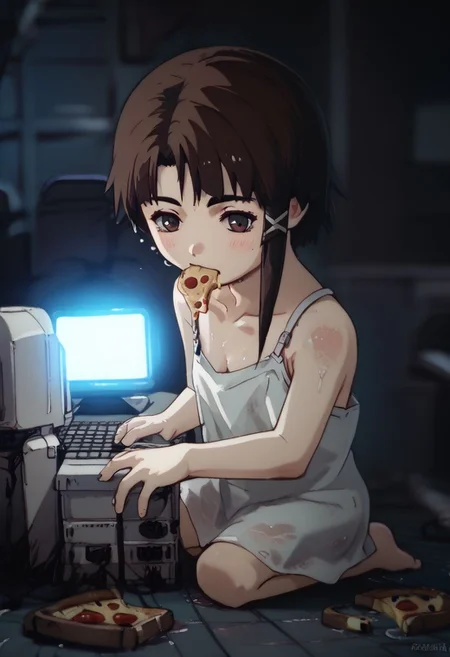 score_9, score_8_up, score_7_up, score_6, source_anime, lain, kneeling, chibi, kawaii, white camisole, eating pizza on computer desk, eating pizza over computer keyboard, eating pizza, dirty,
(((pizza on keyboard))), side view, pizza box, dark computer room, watercooling systems, computer screens, computer room, computers, computer cables, networl cableslain's bedroom, ((low light, pitch dark)), dark night, dark ambiance, (((puddles, wet floor))), night, teddy bears background