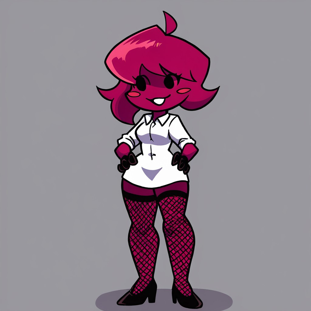 Source_9, source_8, source_7, safe pos, 1girl, solo, pinkish red skin, pinkish red hair, colored skin, medium hair, ahoge, blush stickers, blush, cartoon style, round head, black eyes, open mouth, white mouth, colored mouth, sassy, sassy expression, white shirt, big shirt, loose shirt thick thighs, wide waist, small breasts, black gloves, fishnet thighhighs, thigh highs, black high heels, high-contrast colors, thick line art, flat shading, full body, happy, smile, smiling, standing, hands on hips, grey background
