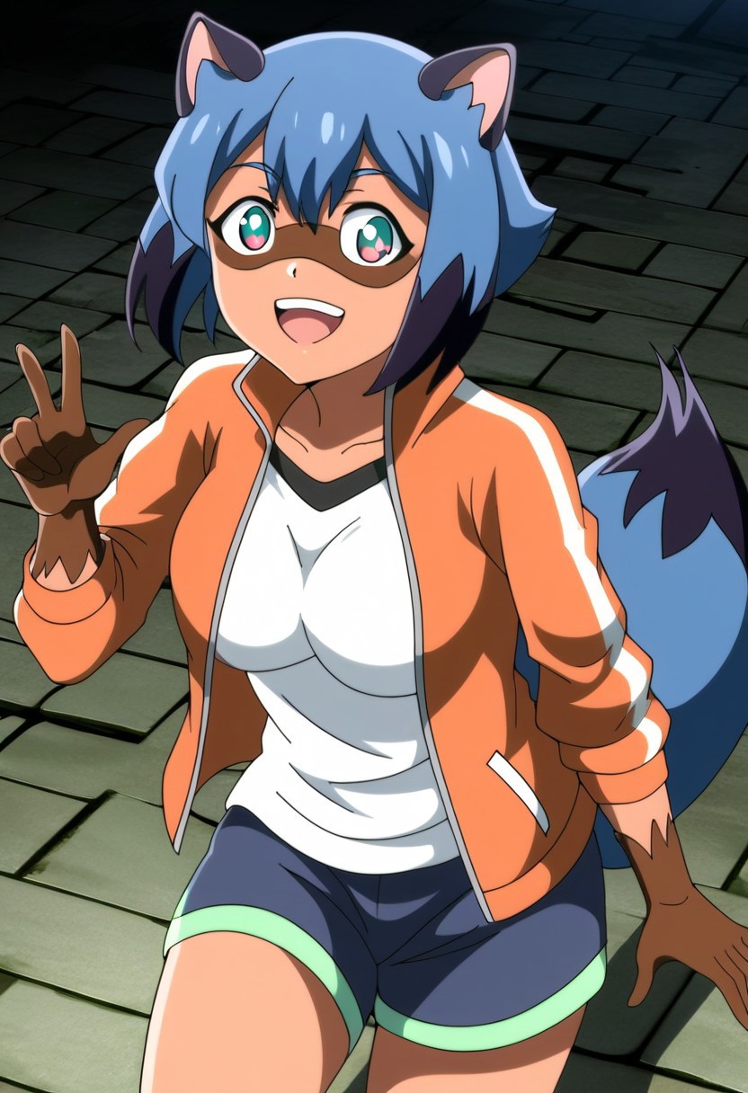 masterpiece, best quality, newest, absurdres, highres, safe, source_anime, BREAK
1girl, michiru kagemori, short hair, black hair, animal ears, blue hair, multicolored hair, furry, furry female, raccoon ears, body fur, raccoon girl, raccoon tail, tail, breasts, looking at viewer, smile, open mouth,
