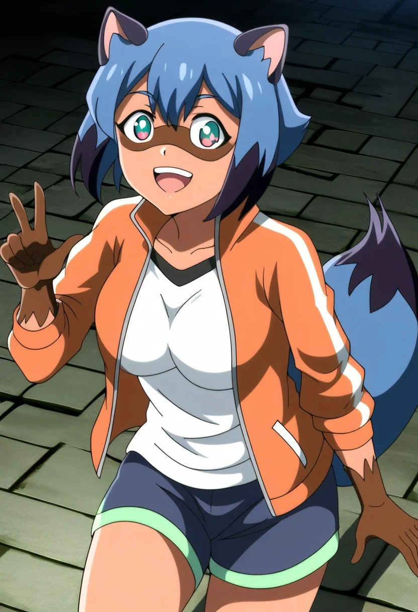 masterpiece, best quality, newest, absurdres, highres, safe, source_anime, BREAK
1girl, michiru kagemori, short hair, black hair, animal ears, blue hair, multicolored hair, furry, furry female, raccoon ears, body fur, raccoon girl, raccoon tail, tail, breasts, looking at viewer, smile, open mouth,