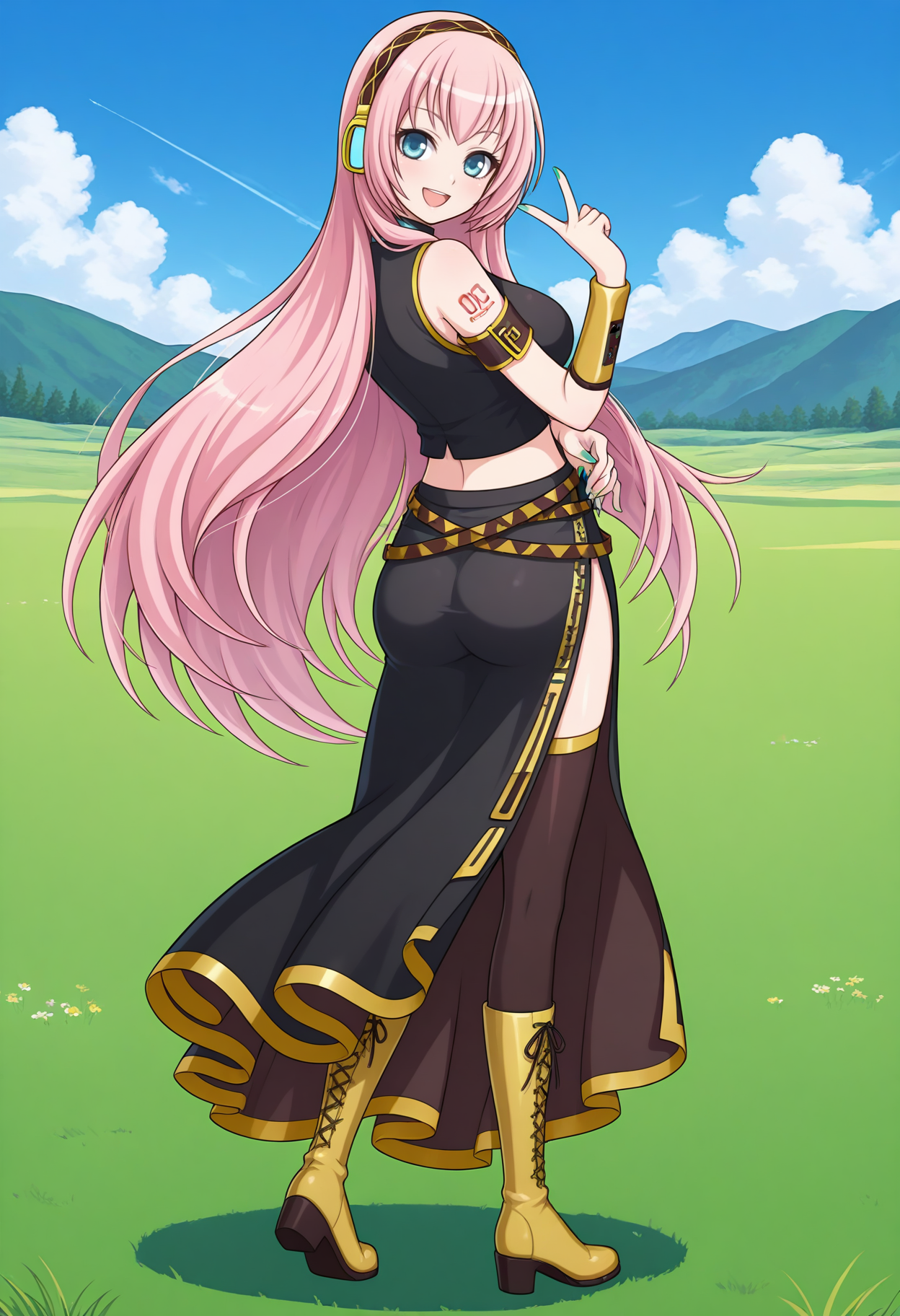 best hands, 5 fingers<lora:sanoji-RT_ruka_IL1.5:0.8>(from behind:1.5, looking back), ass, 
vc_rukarin, sanoji style, megurine luka, 1girl, solo, pink very long hair, Mesh pattern Headphone receiver, blue eyes, large breasts, smile, 
Official Costume, black crop top, bare shoulders, Speckled belt, black thighhighs, black long skirt, aqua nail polish, armband, side slit, gold trim, arm warmers, shoulder tattoo, gold Lace-up boots,
BREAK outdoors, grasslands, day, cloud, shadow, shadow,